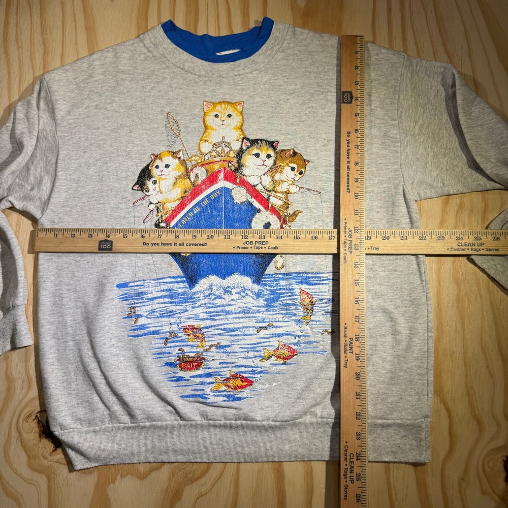 90s Basic Editions Women's S.S. Catch of the Day Cat Graphic Sweatshirt Size M - Picture 4 of 6